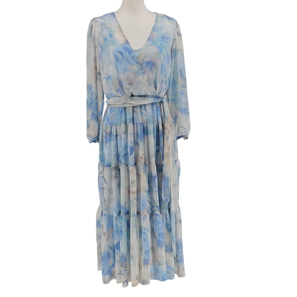 Calvin Klein Maxi Dress 10 Blue Floral Cottagecore Romantic Tiered Chiffon